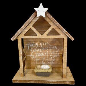 Vintage Handmade Wooden Nativity Scene with Star & Baby Jesus Rustic Christmas D